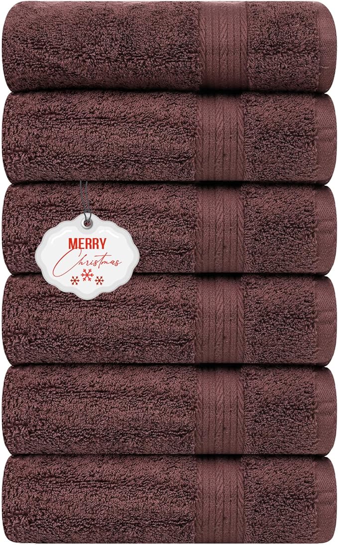 Ample Decor Bathroom Hand Towel 18 X 28 Inch 600 GSM 100% Cotton, Soft Absorbent - 6 Pcs Brown