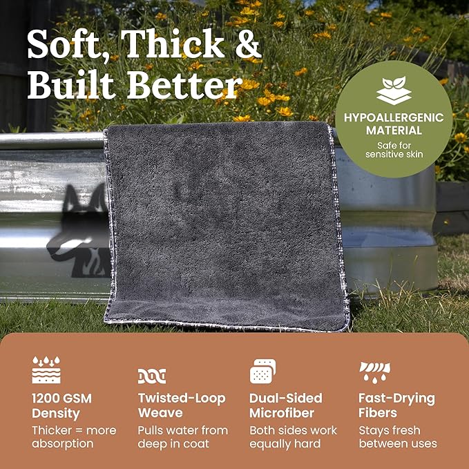 Premium Drying Towel – Large 24x35 Super Absorbent Microfiber Dog Bath Towel – Quick Dry, Soft & Durable Dog Towel for Drying Dogs – 1200 GSM Gray for Beach, Camping & Travel