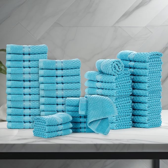 Ample Decor 100% Cotton Washcloths Set of 50 - Highly Absorbent, Popcorn Textured - Mulaayam Collection - 12 X 12 Inch Sky Blue