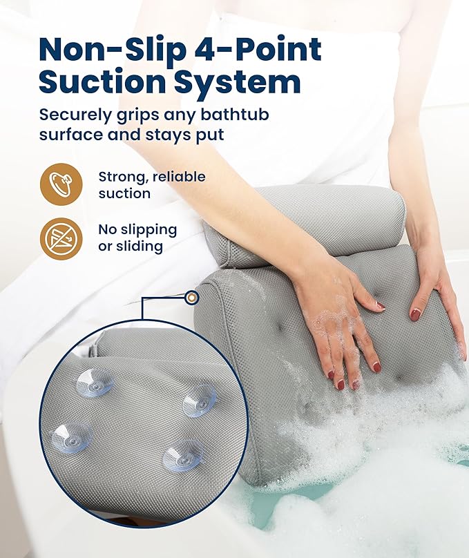 Everlasting Comfort Luxury Bath Pillows for Tub with Head and Neck Support - Non-Slip Bathtub Pillow with Suction Cups, Quick-Drying Mesh & Drying Hook - Jacuzzi & Spa Accessories for Women - Gray