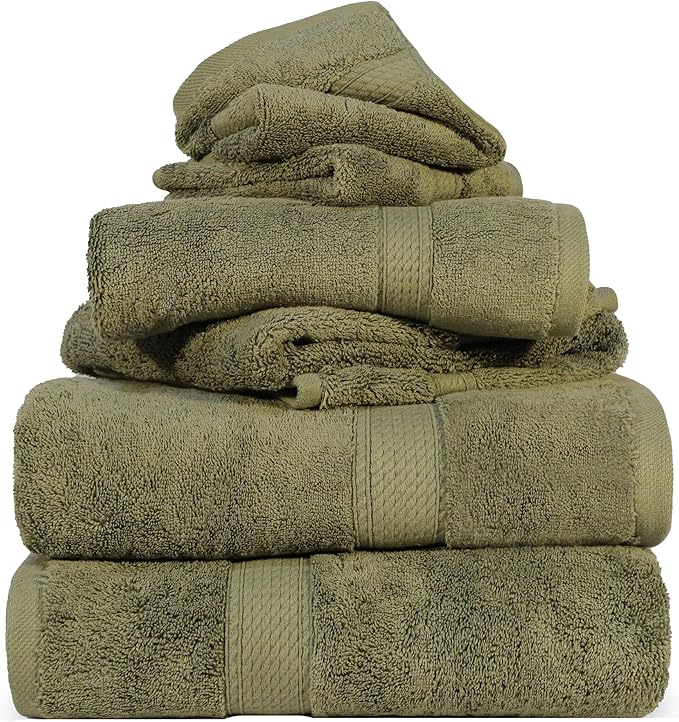 Superior Egyptian Cotton Pile 6 Piece Towel Set, Includes 2 Bath, 2 Hand, 2 Face Towels/Washcloths, Ultra Soft Luxury Towels, Thick Plush Essentials, Guest Bath, Spa, Hotel Bathroom, Forest Green