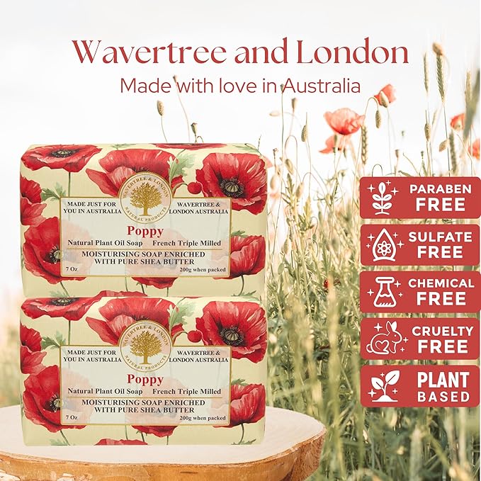 Wavertree & London Poppy Scented Natural Soap (2 Bars), 7oz Moisturizing French Triple Milled Soap Bars enriched with shea butter - Pure Plant Based Bath & Body Bars for All Skin Types