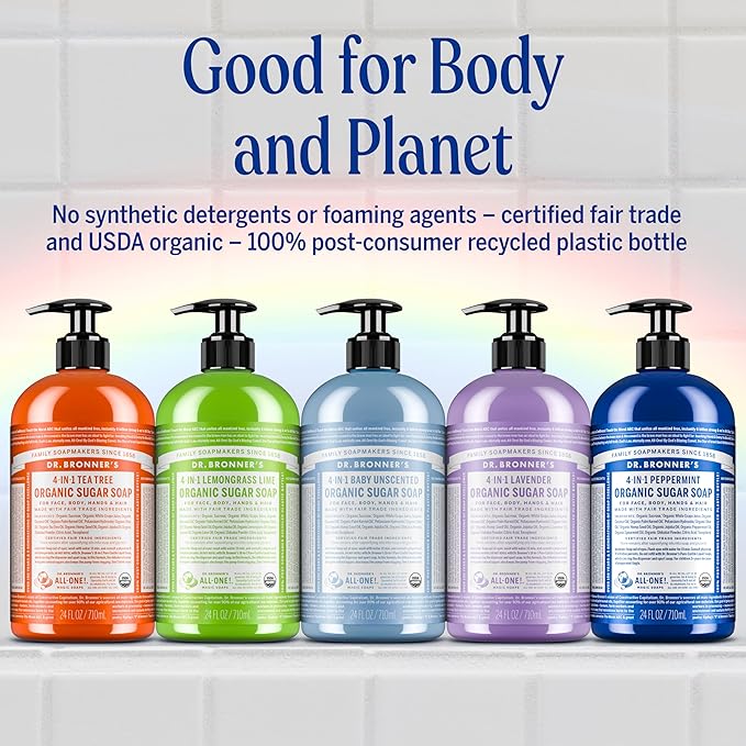 Dr. Bronner's - Organic Sugar Soap (Tea Tree, 24 Ounce) - Made with Organic Oils, Sugar and Shikakai Powder, 4-in-1 Uses: Hands, Body, Face and Hair, Cleanses, Moisturizes and Nourishes, Vegan