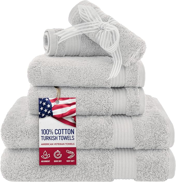 American Veteran Towel, 6 Piece Towel Set for Bathroom, 100% Cotton Turkish Bathroom Towels, 2 Bath Towels 2 Hand Towels 2 Washcloths, Silver Grey