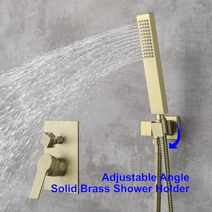 SHAMANDA Shower System with Waterfall Tub Spout and Handheld Shower Head, 12" Rain Shower Faucet Sets Complete with Shower Round-in Valve and Trim Wall Mount, Brushed Gold, L101-3