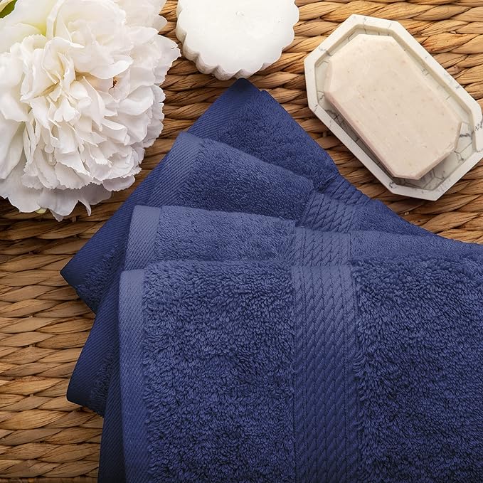 BLUENILEMILLS BNM Egyptian Cotton 4-Piece Towel Set, Includes 4 Hand Towels, Attached Loop for Easy Hanging and Storage, Hotel Quality, Perfect for Bathroom, Gym, Shower Space, or Spa, Navy Blue