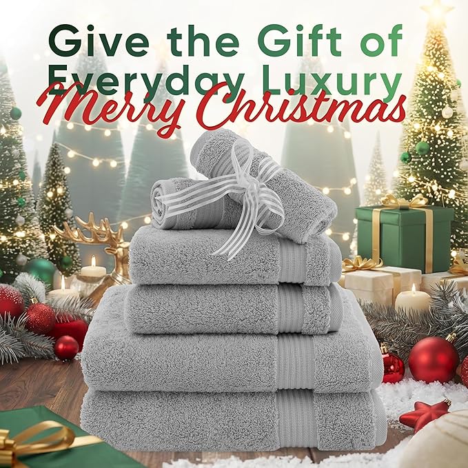 American Veteran Towel, 6 Piece Towel Set for Bathroom, 100% Cotton Turkish Bathroom Towels, 2 Bath Towels 2 Hand Towels 2 Washcloths, Cool Grey