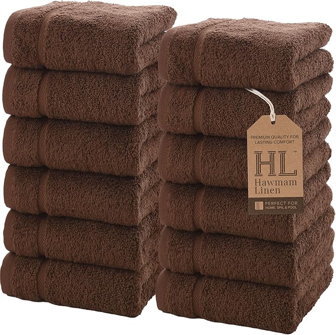 Hawmam Linen Luxury Cotton Washcloths 13x13 Inch - Large Hotel Spa Bathroom Face Towel | 12 Pack | Brown