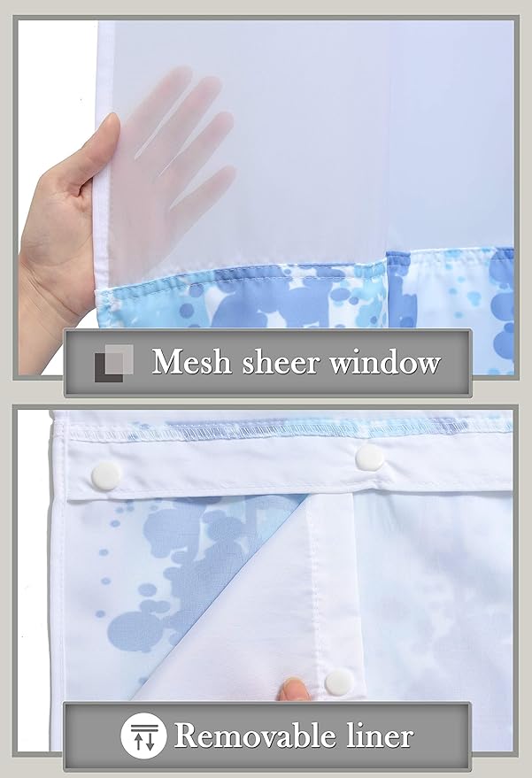 Conbo Mio No Hook Shower Curtain with Snap in Liner Set, Hotel Luxury Blue Shower Curtains for Bathroom with See Through Top Window, Waterproof, Washable 71W x 74H