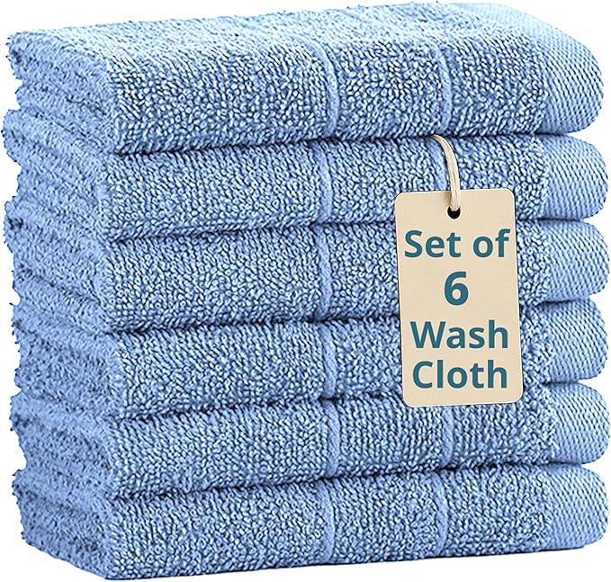 Casa Platino 100% Cotton Wash Cloths 6 Pack - Spa & Salon Quality - Ring Spun Cotton Face Cloths- Soft & Absorbent Washcloths for Shower, Home, Kitchen - Fingertip Towels - 13"x13", Cerulean Blue