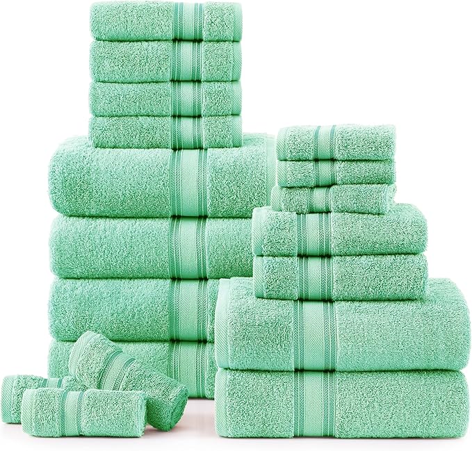 LANE LINEN 18Piece Bathroom Towels – Luxurious 100% Cotton, Zero Twist, Includes 6 Bath, 6 Hand & 6 Washcloths, Quick-Dry, Lightweight, Everyday Essential, Machine Washable – Aqua Sky
