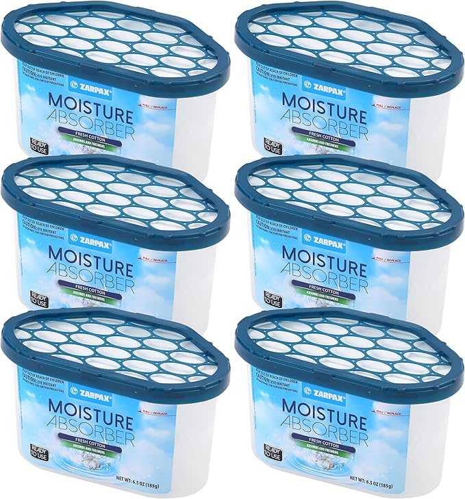Moisture Absorber Fresh Cotton 6.5 oz/185g | Removes Moisture, Damp & Humidity | Odor Absorber With Fresh Cotton Fragrance | Moisture Trap for Bathroom, Closet, Kitchen | Set of 6