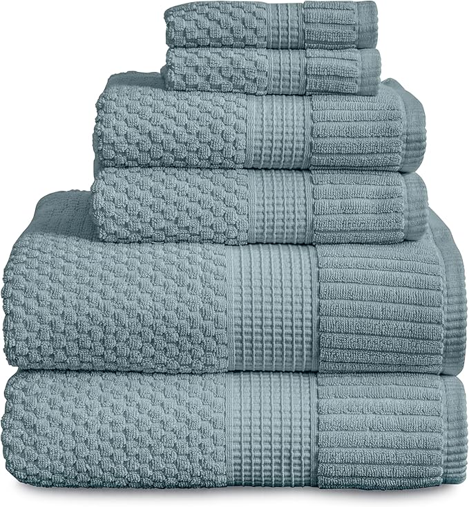 NY Loft 100% Cotton Towel Set 6 Piece | Super Soft & Absorbent Quick-Dry 2 Bath Towels 2 Hand Towels & 2 Washcloths | Textured and Durable Cotton | Premium Thick Towels | 6 Piece Set, Stormy Sea