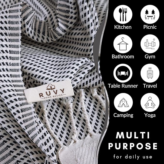 Ruvy Home Basics Turkish Hand Towels for Bathroom Set of 4 | 18"x40", Cotton | Decorative Towel for Bathroom, Kitchen, Dishcloth, Tea, Yoga, Face, Gym - Black