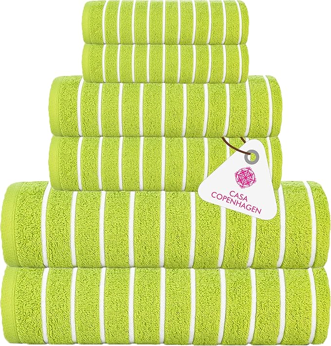 CASA COPENHAGEN Ecstatic 6 Pieces Towel Set- Lime Green, 600 GSM 2 Bath Towel 2 Hand Towel 2 Washcloth, Designed in Denmark Made of Soft Egyptian Cotton for Bathroom, Kitchen & Shower.