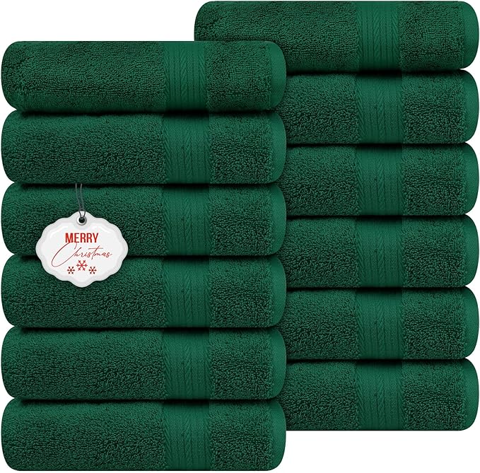 Ample Decor Hand Towels 18 X 28 Inch Pack of 12 600 GSM 100% Cotton, Soft Absorbent Thick Durable Premium Quality, for Hotel, Bathroom, Spa, Daily Use, Gym - Christmas Green