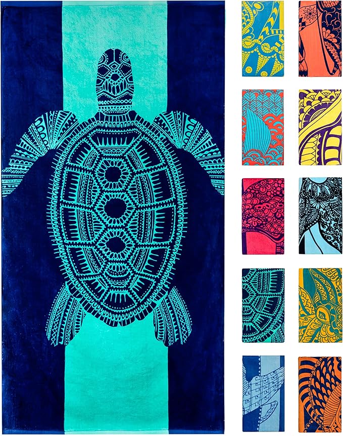 Nova Blue Turtle Beach Towel – Tropical Blue Colors with A Unique Design, Extra Large, XL (34”x 63”) Made from 100% Cotton for Kids & Adults