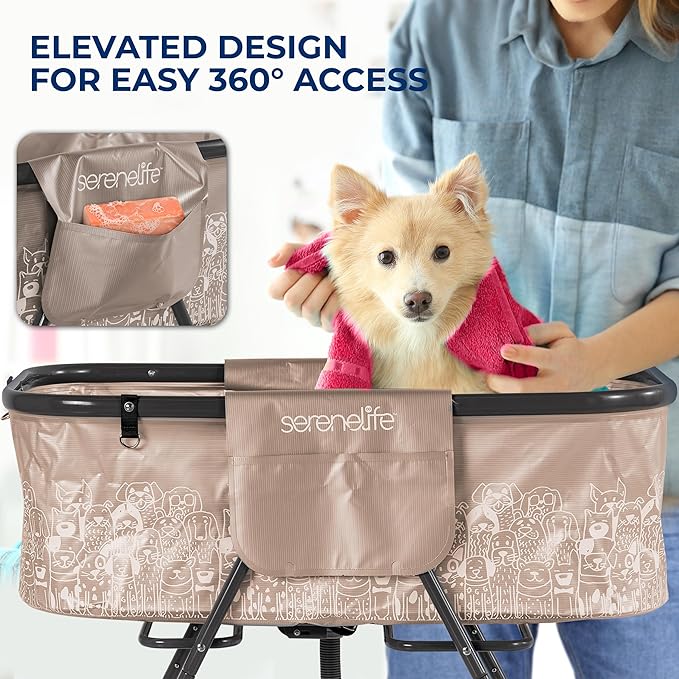 SereneLife Foldable Dog Bath Tub with Adjustable Height, 360° Access, Drain Hose & Storage Pockets – 130 lb Capacity Grooming Station for Indoor/Outdoor Use, Beige