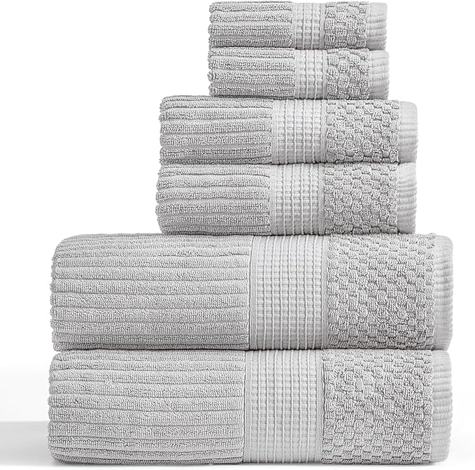 Springtree Home 100% Cotton Towel Set | 6 Piece Set | Super Soft & Absorbent Quick-Dry 2 Bath Towels 2 Hand Towels & 2 Washcloths | Textured and Durable Cotton | Krista Collection - High Rise Grey