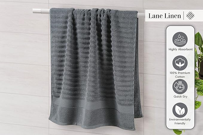 LANE LINEN Bathroom Towels Set - 2 Bath, 2 Hand Towels for Bathroom and 2 Wash Cloths for Body - Highly Absorbent, Soft, Premium 100% Cotton Bath Towel Set for Everyday Use (Set of 6) - Space Grey