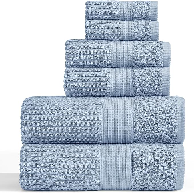 Springtree Home 100% Cotton Bath Towel Set | 6 Piece Set | Absorbent & Quick-Dry Bath Towels | Textured and Durable Cotton | Krista Collection - Dusty Blue