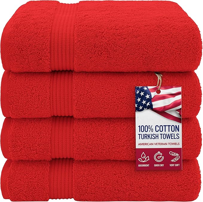 American Veteran Towel, 100% Cotton Turkish Bath Towels for Bathroom 4 Pack, 27x54 Extra Large Premium Soft Drying Bathroom Towels, Red