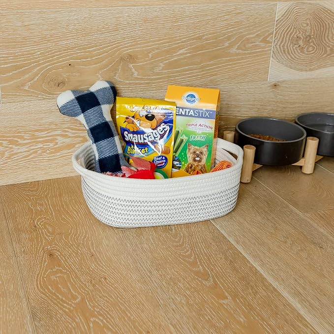 NaturalCozy 5-Piece Rectangle Storage Basket Set- Natural Cotton Rope Woven Baskets for Organizing! Small Basket for Montessori, Baby Nursery, Dog Toy Baskets, Cat Toy Box, Bathroom Organization Bin