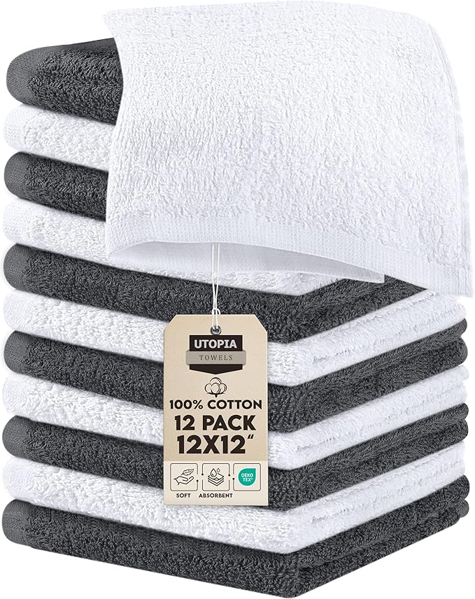 Utopia Towels 12 Pack Cotton Washcloths Set, 100% Ring Spun Cotton, Premium Flannel Face Cloths, Highly Absorbent and Soft Feel Fingertip Towels, Grey, White