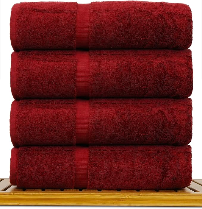 Luxury Hotel & Spa Quality, Quick Dry 100% Turkish Cotton 700 GSM, Eco Friendly Towel, for Bathroom Dobby Border Soft Bath Towel Set 27 X 54, Cranberry, Bath Towels - Set of 4