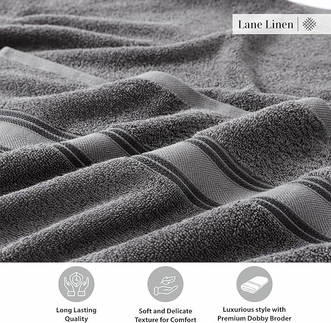 LANE LINEN 100% Cotton 4 Pack Bath Towels Set (28"x54") - Zero Twist, Large Cotton Towels for Bathroom - Quick Dry, Soft & Absorbent Bath Towel Set - Remains Soft After Multiple Washes - Cool Grey