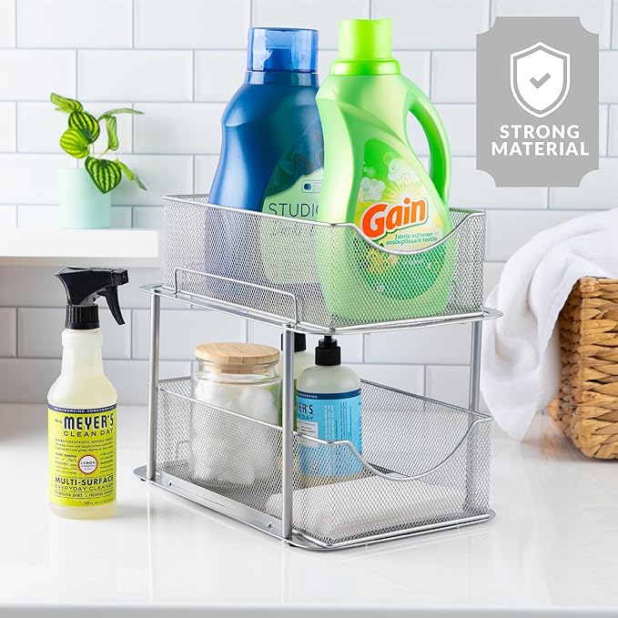 Sorbus 2 Tier Metal Under Sink Organizer for Bathroom, Kitchen, Strong Steel Mesh Sliding Drawers for Under Sink, Under Cabinet, Closet, Kitchen, Pantry, Bathroom Organizers and Storage (Silver)