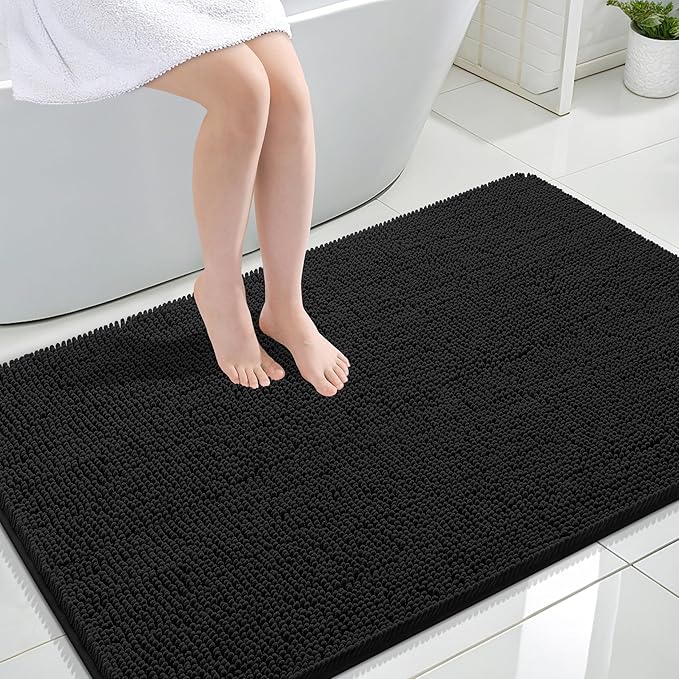 OLANLY Bathroom Rugs 44x32, Extra Soft Absorbent Chenille Bath Rugs, Rubber Backing Quick Dry, Machine Washable Bath Mats for Bathroom Floor, Tub and Shower, Home Decor Accessories, Black