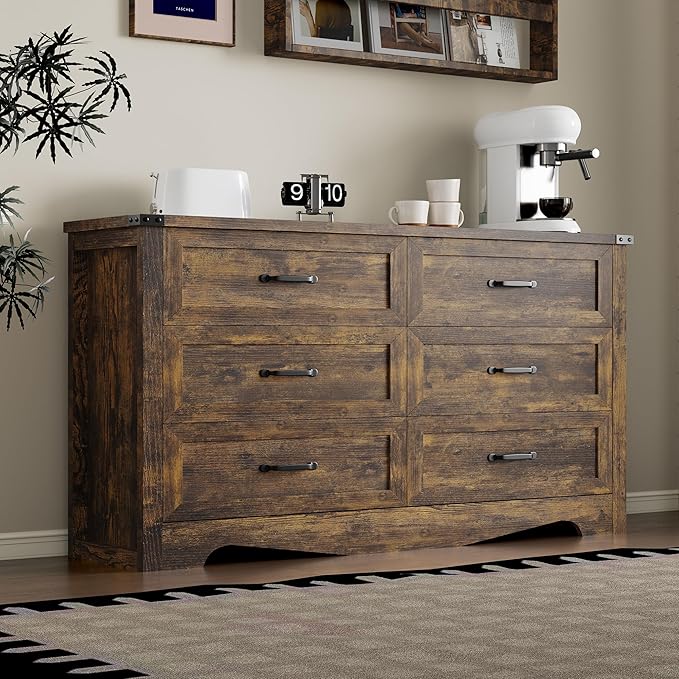 6-Drawer Dresser for Bedroom, Modern Wooden Chest of Drawers with Metal Handles, Anti-Tipping Design, Sturdy and Stable Storage Organizer for Living Room, Entryway, Home Office