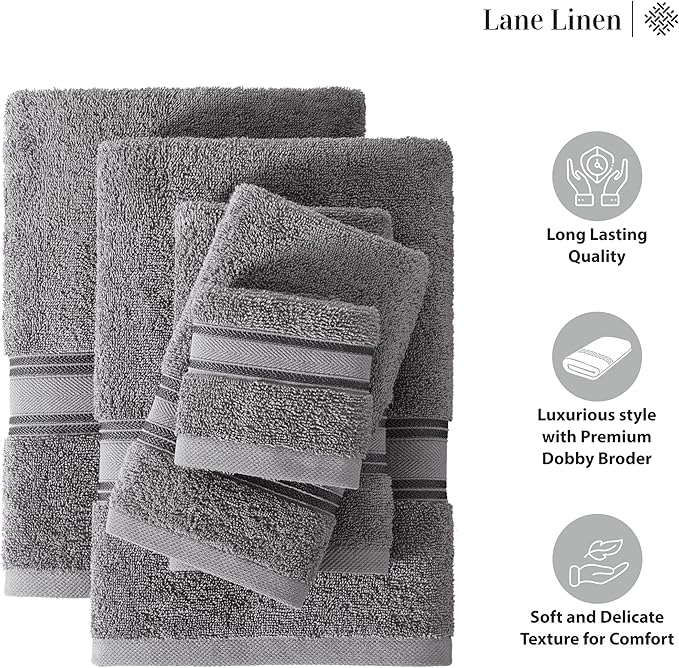 LANE LINEN Towel Set of 12 – 100% Mercerized Cotton, Zero Twist, 4 Large Bath Towel, 4 Hand Towels & 4 Wash Cloths, Quick Dry & Long-Lasting, Perfect for Family Bathrooms, Easy Care – Cool Grey