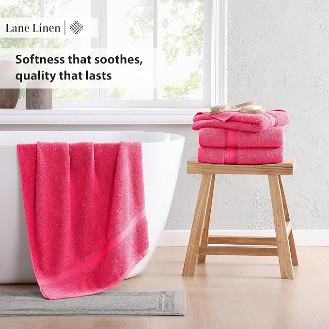 LANE LINEN 100% Cotton Large Bath Towels Set of 4 (28"x54") - Zero Twist, Mercerized Cotton Bathroom Towel 4 Pack - Quick Dry, Soft & Absorbent Large Towels Set - Dorm Essentials for Girls - Fuchsia