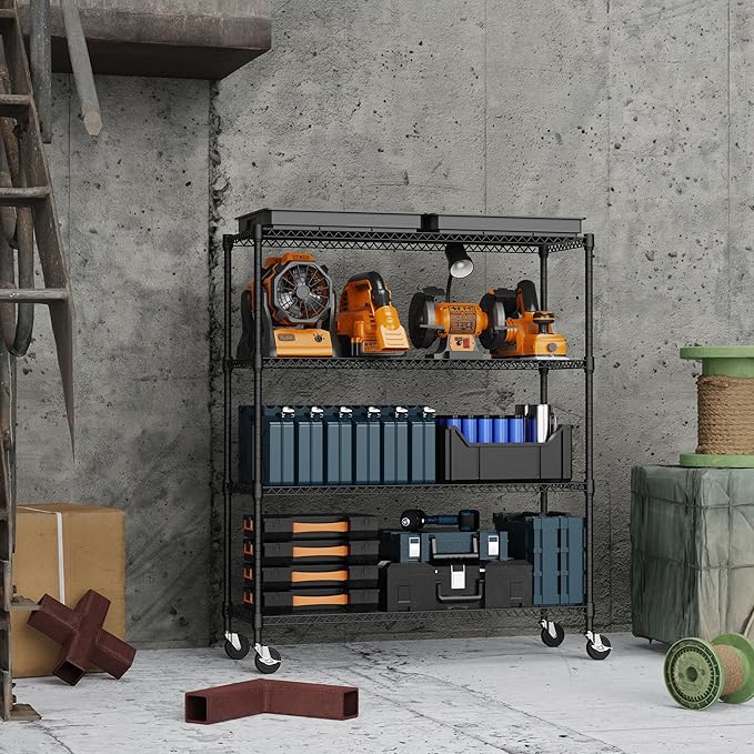 4 Tiers Storage Shelves Load 1400LBS, Metal Shelving Wire Metal Shelving Unit Shelves for Storage Adjustable Garage Shelving for Pantry Kitchen Garage Black 17.7" D x 47.3" W x 62.7" H