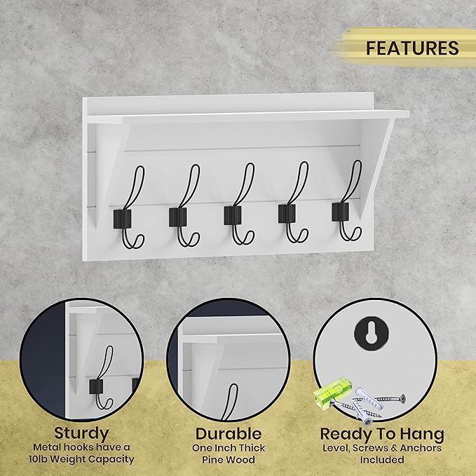 HBCY Creations 24" Wall Mounted Storage Rack - Pine Wood Construction - Solid White Finish - Upper Storage Shelf - 5 Hooks - Ideal for Entryway, Kitchen, Bathroom