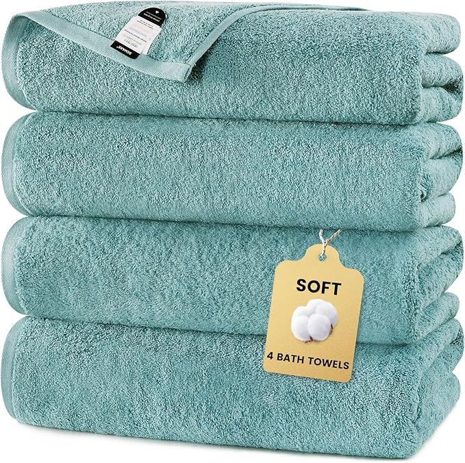 SEMAXE 4-Pack Luxury Bath Towels for Bathroom, 100% Cotton, Soft, Absorbent, and Quick-Drying, 55"x27", Blue, Perfect for Hotels, Gyms, and Spas