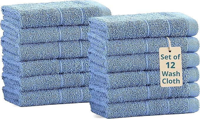 Casa Platino 100% Cotton Wash Cloths 12 Pack - Spa & Salon Quality - Ring Spun Cotton Face Cloths- Soft & Absorbent Washcloths for Shower, Home, Kitchen - Fingertip Towels - 13"x13", Cerulean Blue