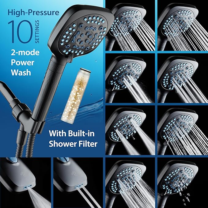 AquaCare 4X High Pressure 10 Spray Mode Filtered Showerhead - Handheld Shower Head Filters Chlorine to Heal Dry Skin, Revive Hair - Dual Power Wash Cleans Tub, Tile, Pets - Hard Water Softener, Black