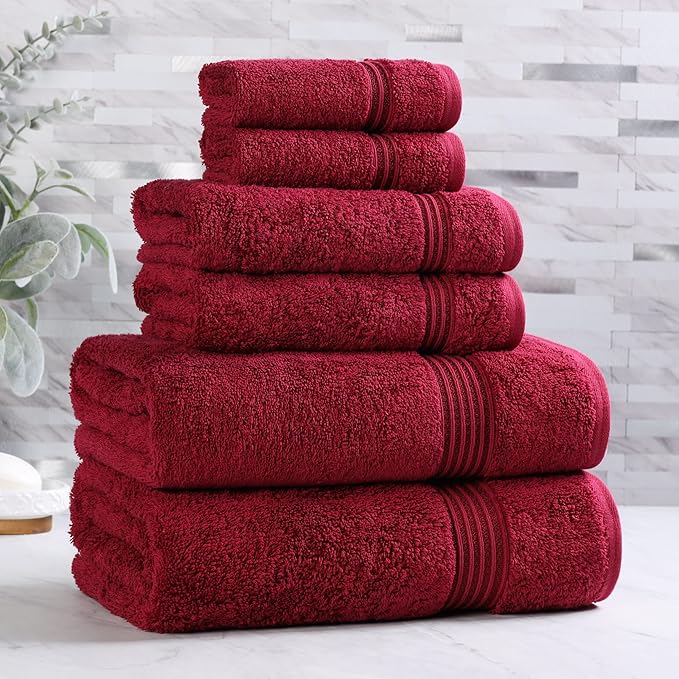 Superior Egyptian Cotton 6-Piece Towel Set, Bathroom Essentials, Towels For Bathroom, Apartment, Airbnb, Guest Bath, Face, Hand, Bath Towels, Washcloths, Absorbent, Fast Drying, Burgundy