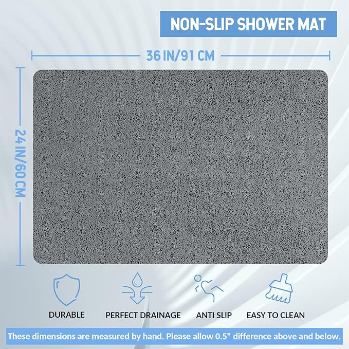 Non-Slip Bathtub Mat, Anti Slip Shower Mat, Fast Drying Bathtub Mats, Foot Scrubber Mat, Anti Slip Mat for Tub, Floor, Bathroom, Kitchen, Home, Hotel (Grey 36"×24")
