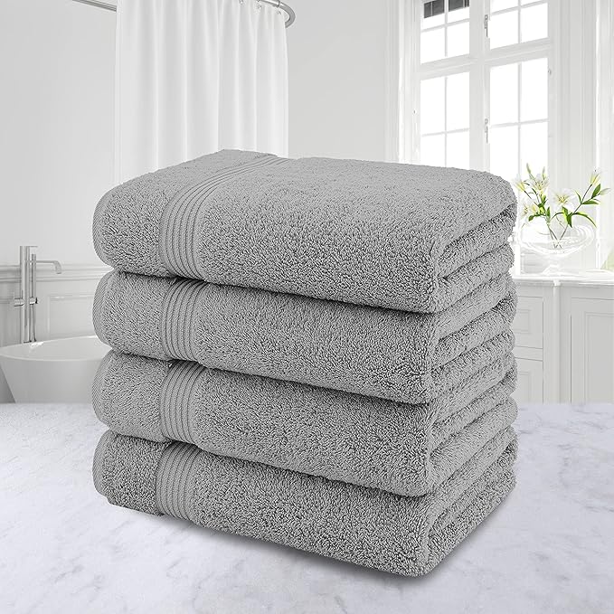 American Veteran Towel, 100% Cotton Turkish Bath Towels for Bathroom 4 Pack, 27x54 Extra Large Premium Soft Drying Bathroom Towels, Light Gray