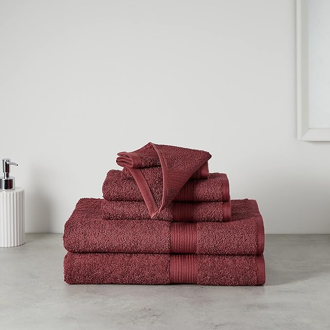 Amazon Basics Soft Bath Towels set , Absorbent Fade Resistant 100% Cotton washcloths 6 Pieces (12" x 12"), Perfect face towels, fingertip towels, Crimson