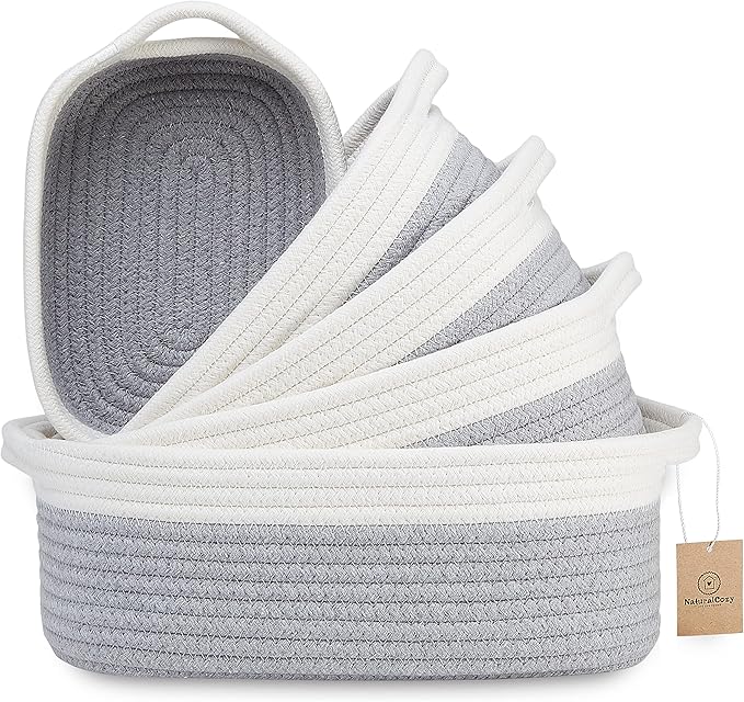 NaturalCozy 5-Piece Rectangle Storage Basket Set- Natural Cotton Rope Woven Baskets for Organizing! Small Basket for Montessori, Baby Nursery, Dog Toy Baskets, Cat Toy Box, Bathroom Organization Bin