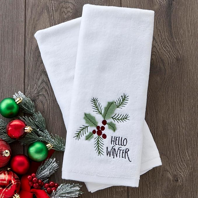 SKL Home Christmas Hello Winter Holly 3D Hand Towel 2pc Set for Bath/Kitchen/Bar & Gift, White
