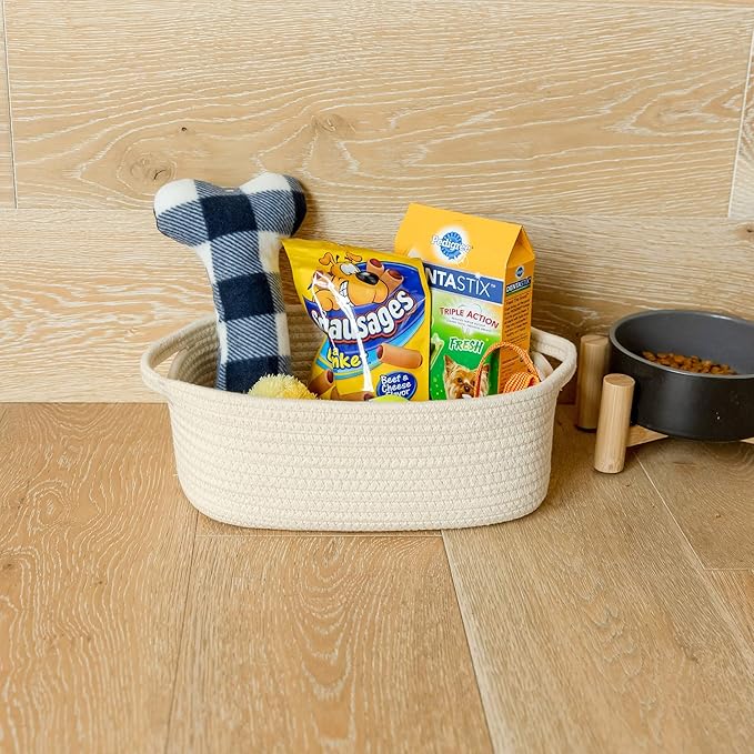 NaturalCozy 5-Piece Rectangle Storage Basket Set- Natural Cotton Rope Woven Baskets for Organizing! Small Basket for Montessori, Baby Nursery, Dog Toy Baskets, Cat Toy Box, Bathroom Organization Bin
