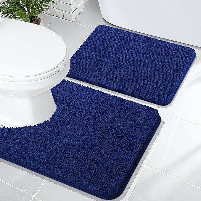 OLANLY Bathroom Rugs Sets 2 Piece, Soft Absorbent Chenille Bath Mats and U-Shaped Contour Toilet Mat Area Rug Set, Machine Washable Bath Carpet, Home Decor Accessories(24"x16"+24"x20", Navy)