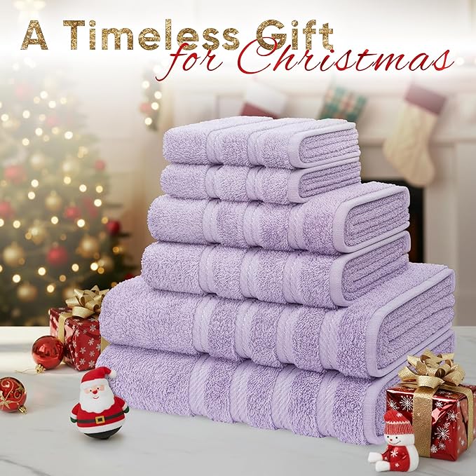 American Soft Linen Luxury 6 Piece Towel Set, 2 Bath Towels 2 Hand Towel 2 Washcloths, 600 GSM 100% Cotton Turkish Towels for Bathroom, Lilac Towel Sets