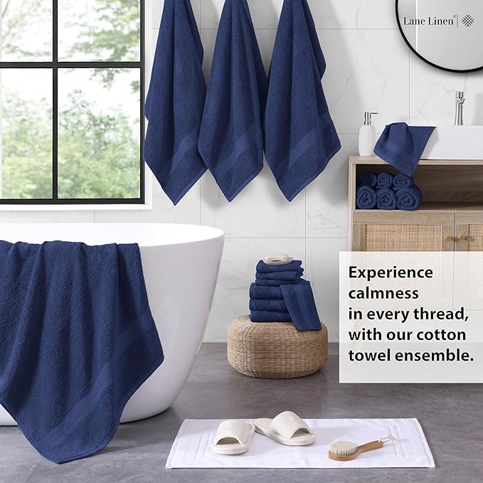 LANE LINEN 100% Ringspun Cotton Premium Turkish Bath Towel Set, 18Cs - 4 Bath Towels, 8 Washcloths, 6 Hand Towels for Bathroom - Eco Friendly & Gentle on Skin, Oeko-Tex Certified - Navy Blue